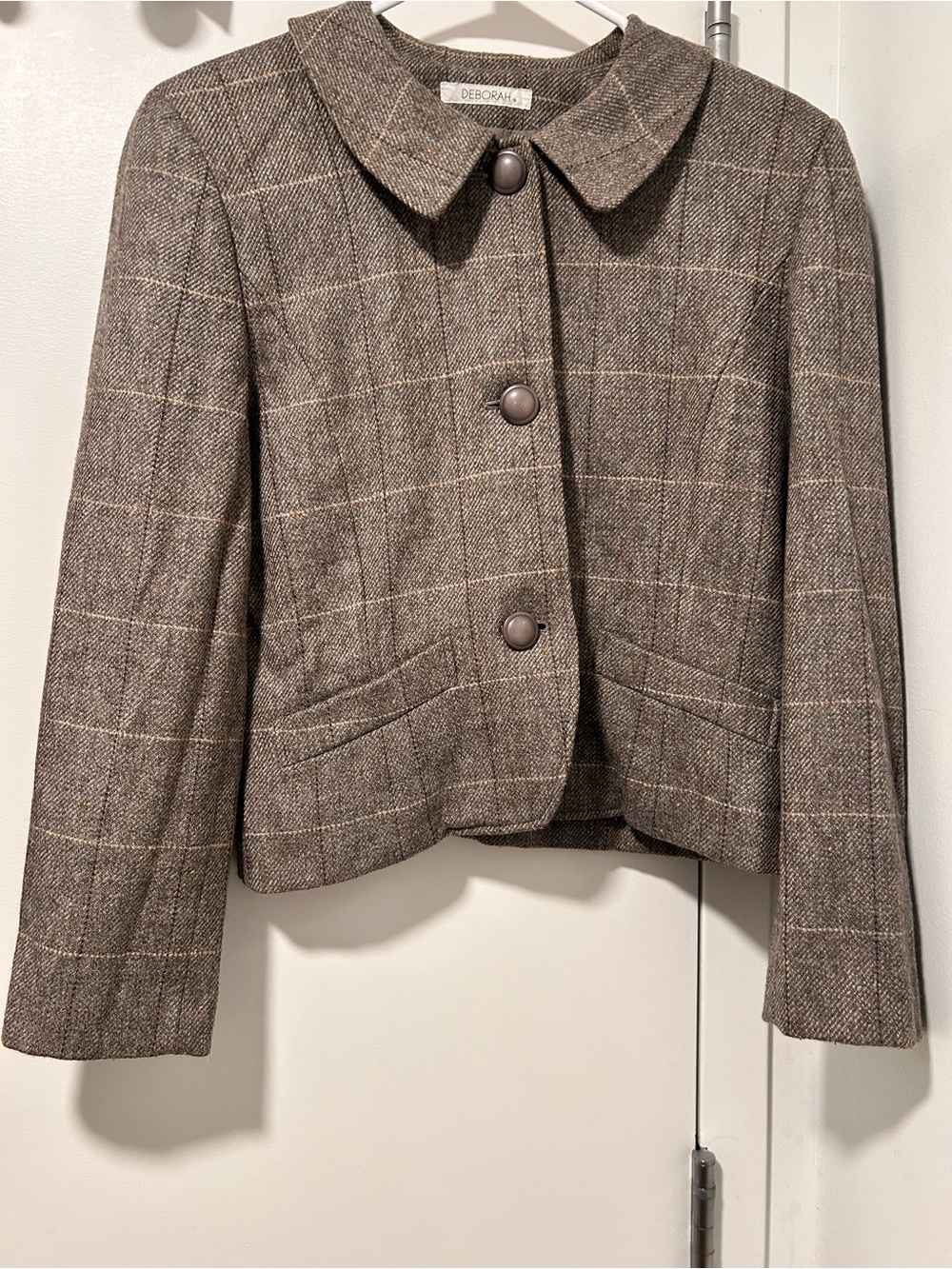 Gray Plaid Wool(95%) Cropped Jacket Vintage